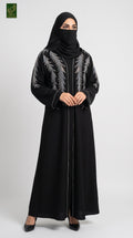 Front-Open Silver Feather Abaya | Premium Nida Feather Stonework Abaya