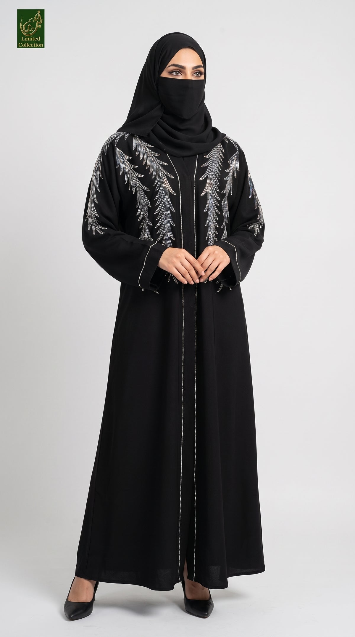 Front-Open Silver Feather Abaya | Premium Nida Feather Stonework Abaya