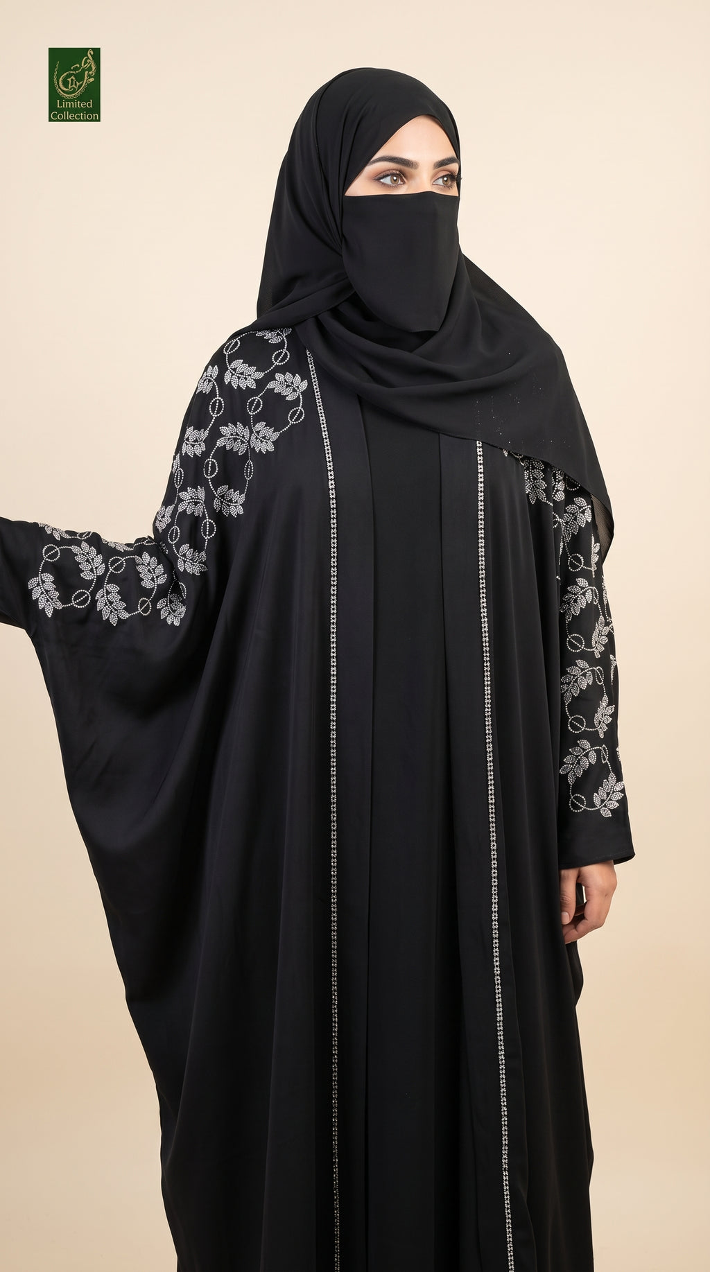 Front-Open Floral Vine Stonework Butterfly Abaya | Premium Romantic Nida Floral Stone-Studded Butterfly Abaya