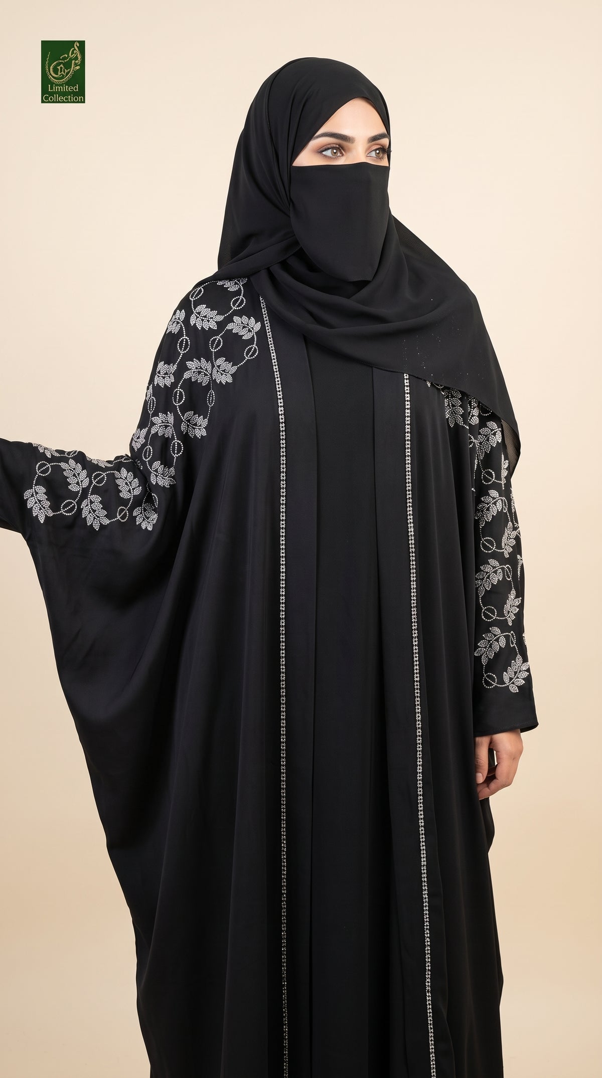 Front-Open Floral Vine Stonework Butterfly Abaya | Premium Romantic Nida Floral Stone-Studded Butterfly Abaya