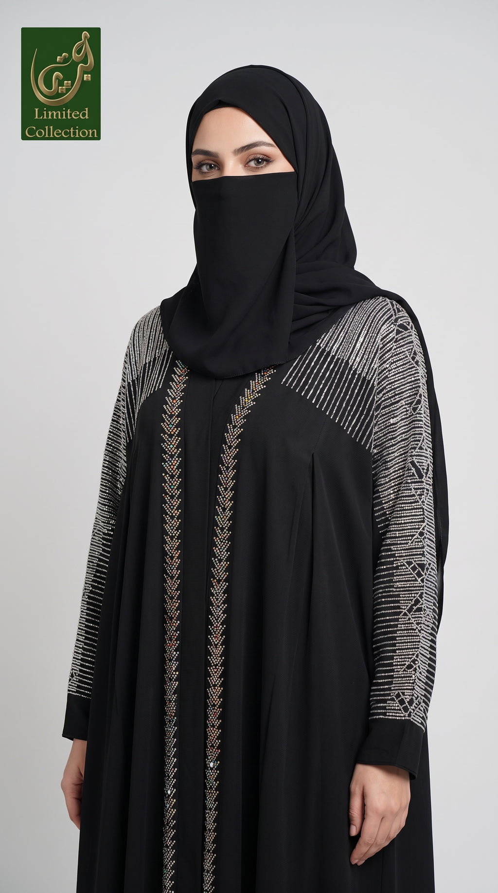 Front-Open Metallic Stone-Studded Luxurious Abaya | Premium Romantic Nida Stonework Abaya
