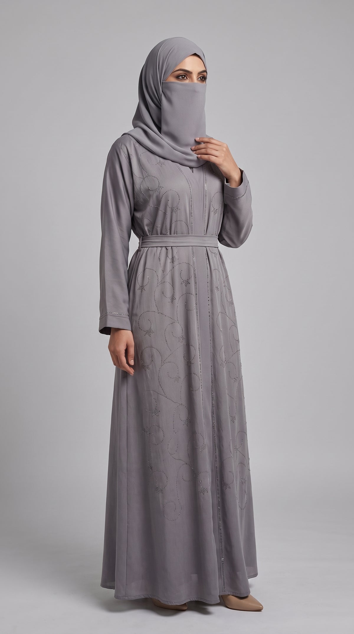 Front-Closed Swirl Stonework Abaya with Belt | Premium Nida Colored Stone-Studded Tie-Back Abaya