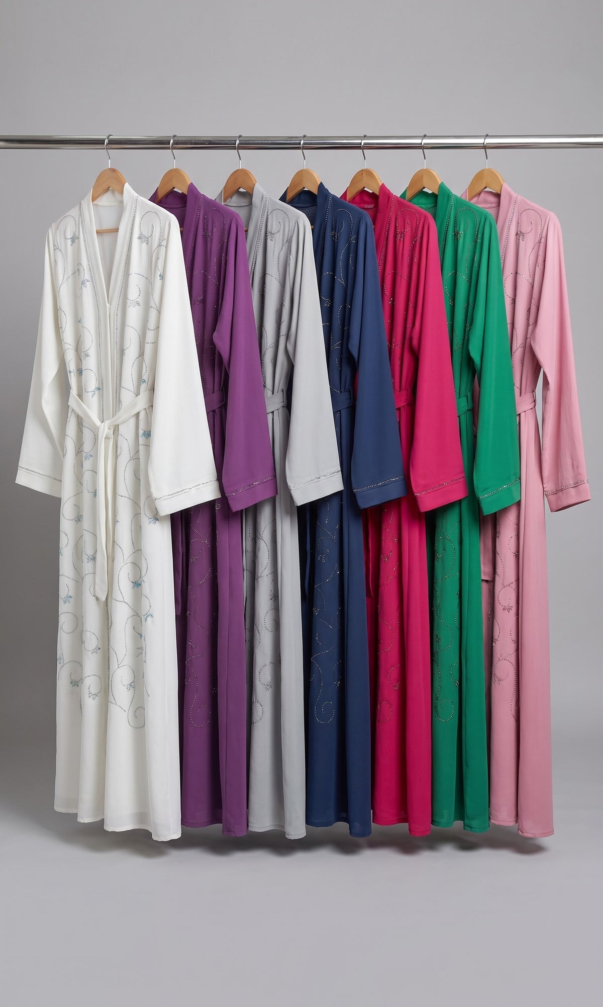 Front-Closed Swirl Stonework Abaya with Belt | Premium Nida Colored Stone-Studded Tie-Back Abaya