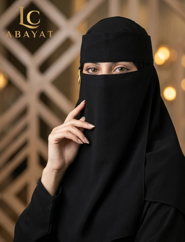 A woman wearing a black full-face Saudi Niqab with a small eye slit, posed against a warm bokeh background. The LC ABAYAT logo appears in the top left corner.