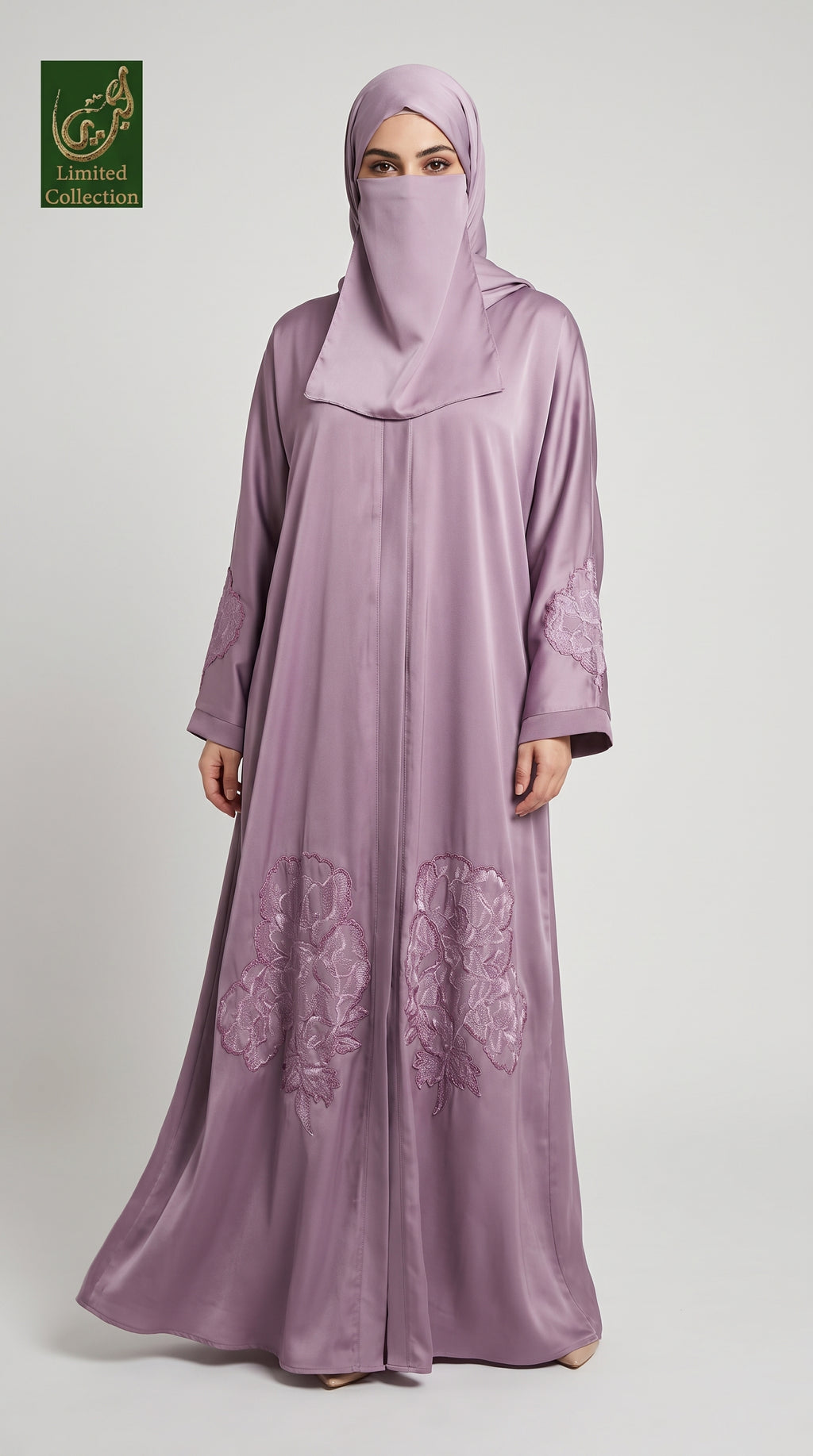 Front-Open Abaya with Handcrafted Tissue Cutdana Floral Embroidery | Premium Romantic Nida Cutdana Abaya