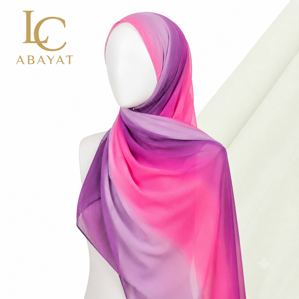 A lightweight sheer scarf in a pink and purple ombre gradient, draped on a white mannequin head. The gold 'LC ABAYAT' logo is visible in the top-left corner against a clean white background.