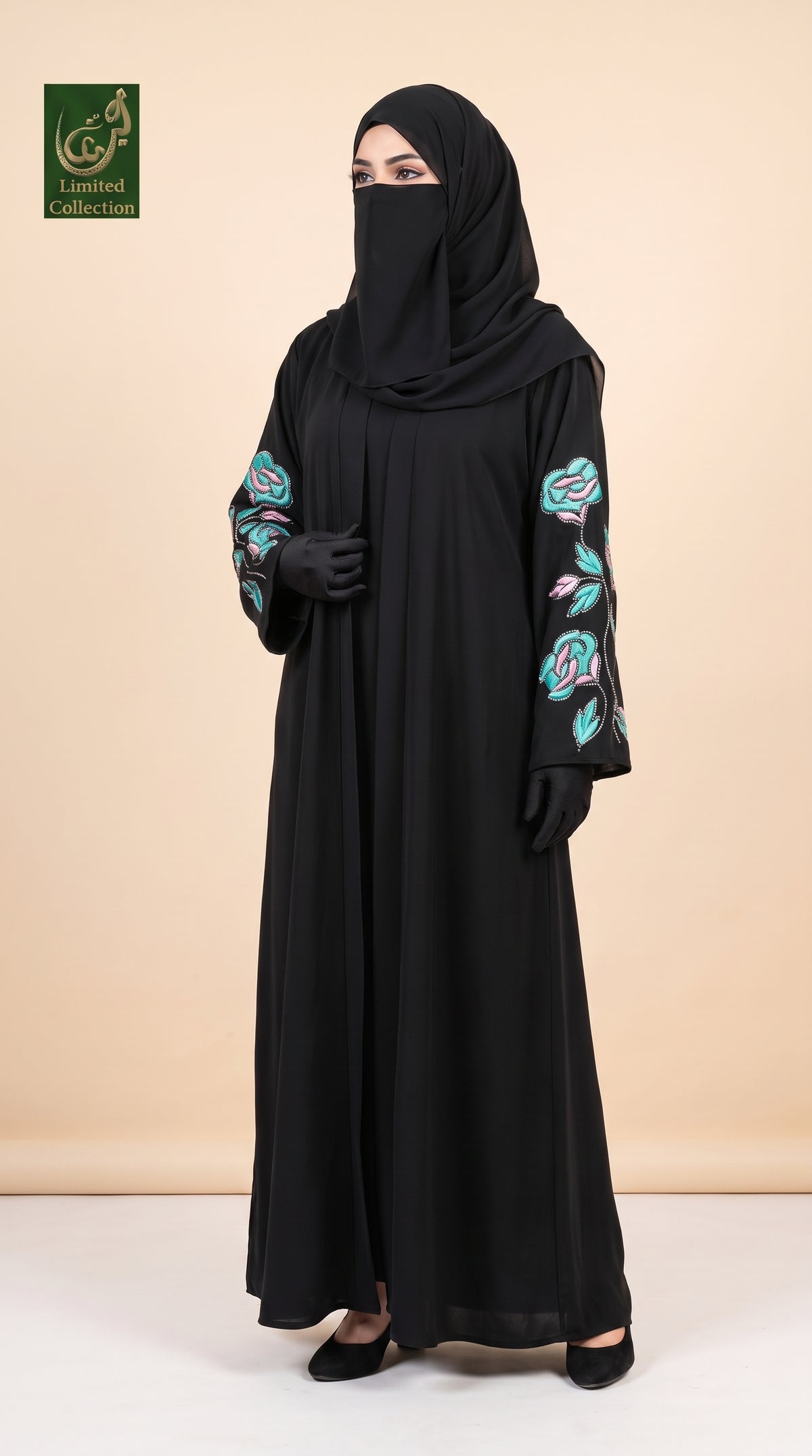 Front-Open Black Abaya with Rose Stone-Embroidered & Ruffled Cuffs | Premium Moss Chiffon Stonework Abaya