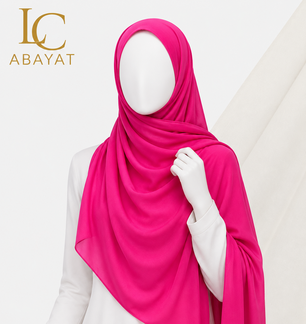 A bright pink hijab draped elegantly on a white mannequin, with the Abayat logo visible in the top left corner.