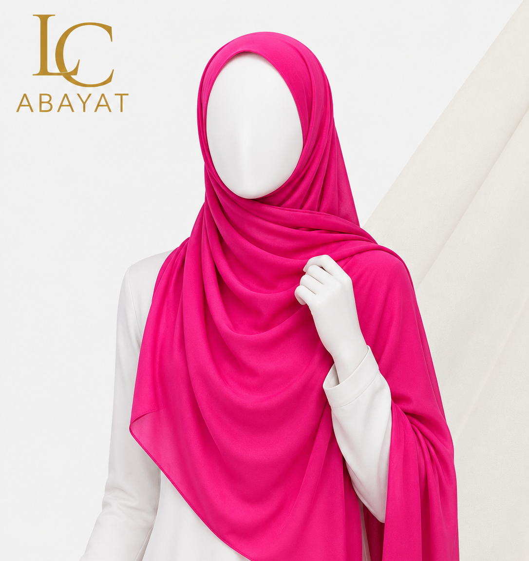 A bright pink hijab draped elegantly on a white mannequin, with the Abayat logo visible in the top left corner.