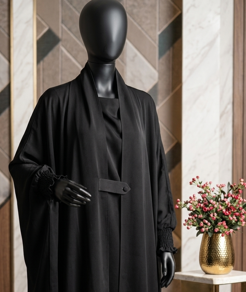 A black long-sleeve Jilbab displayed on a black mannequin, standing indoors against a marble and wood paneled wall with a small table holding a gold vase of flowers beside it.