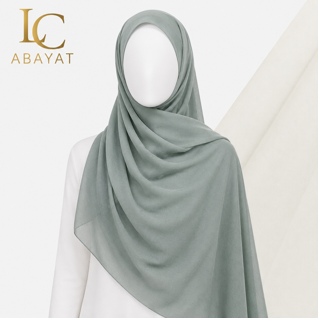 A Silver Grey hijab draped elegantly on a white mannequin torso, with the 'IC ABAYAT' brand logo in gold in the top-left corner against a clean white background.