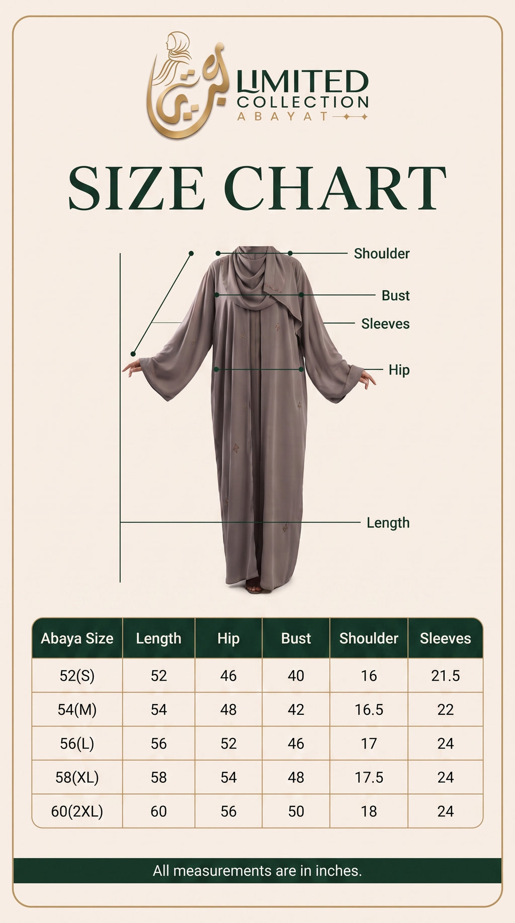 Size guide chart for abayas