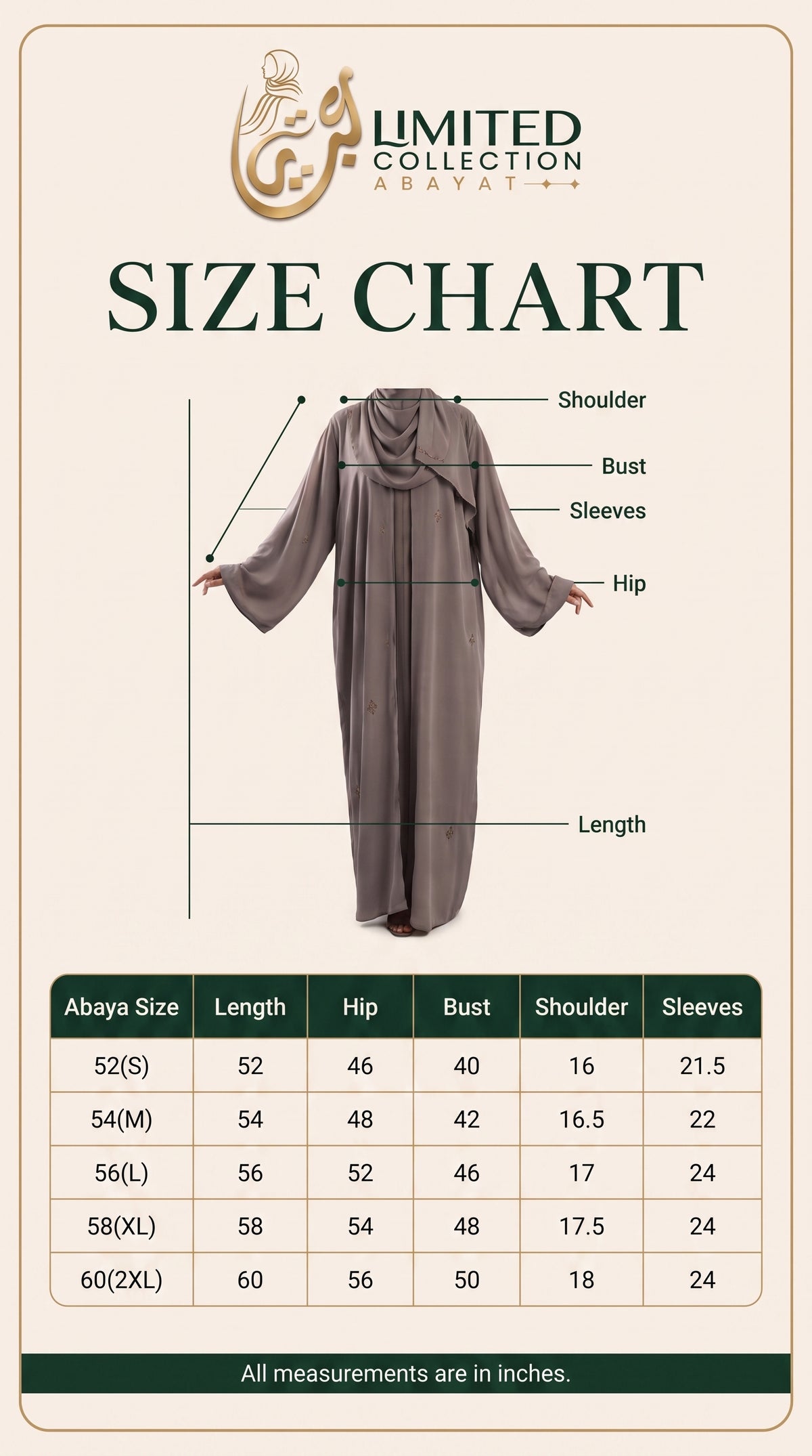 Size guide chart for abayas