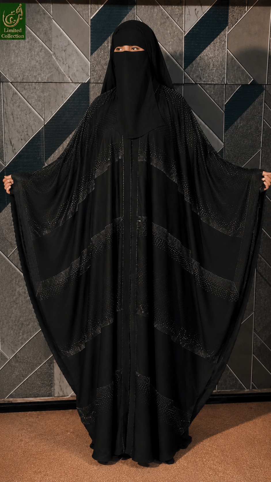 Front-Open Diagonal Stonework Butterfly Abaya | Premium Nida Butterfly Sleeve Abaya