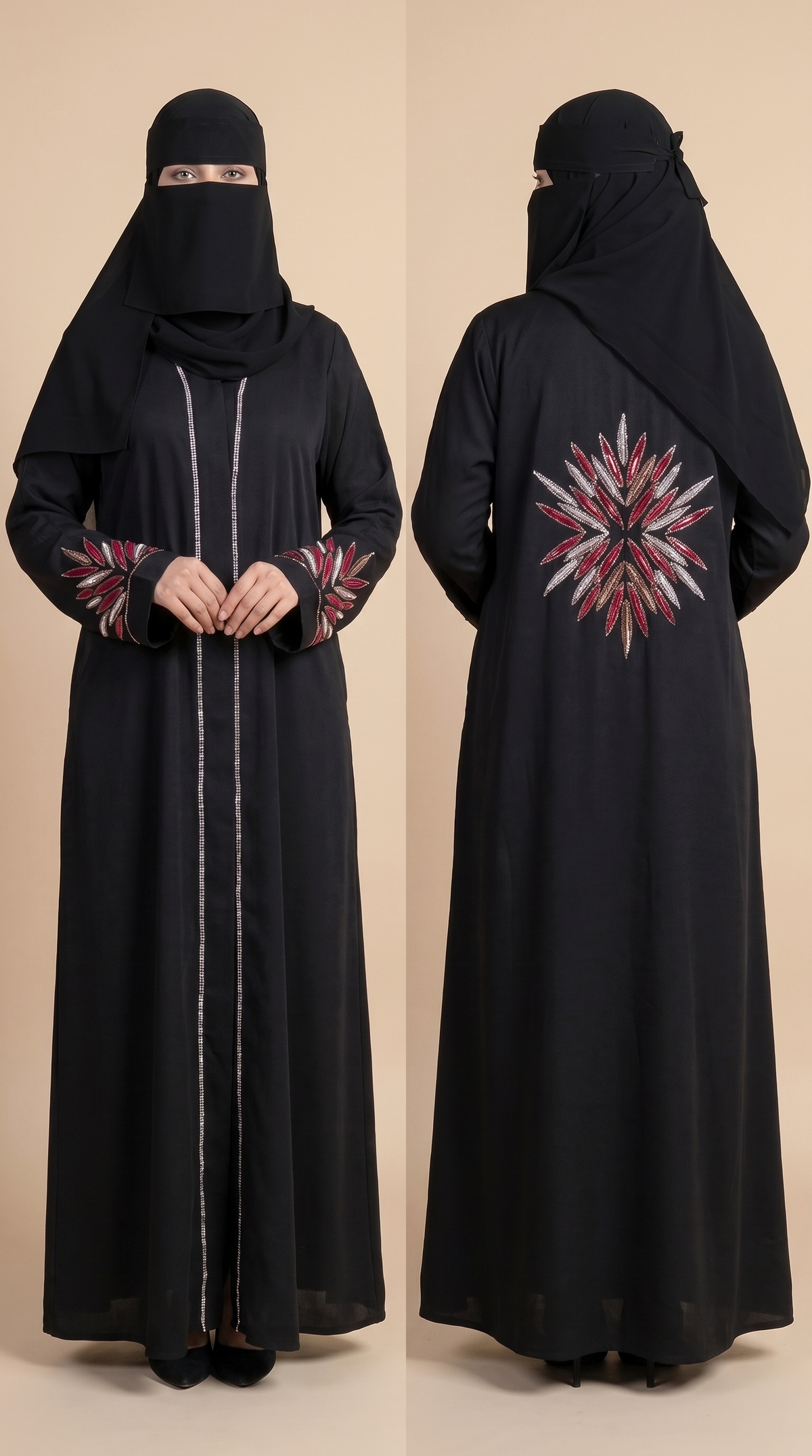 Stone0studded Starburst_abaya_collage in red variant