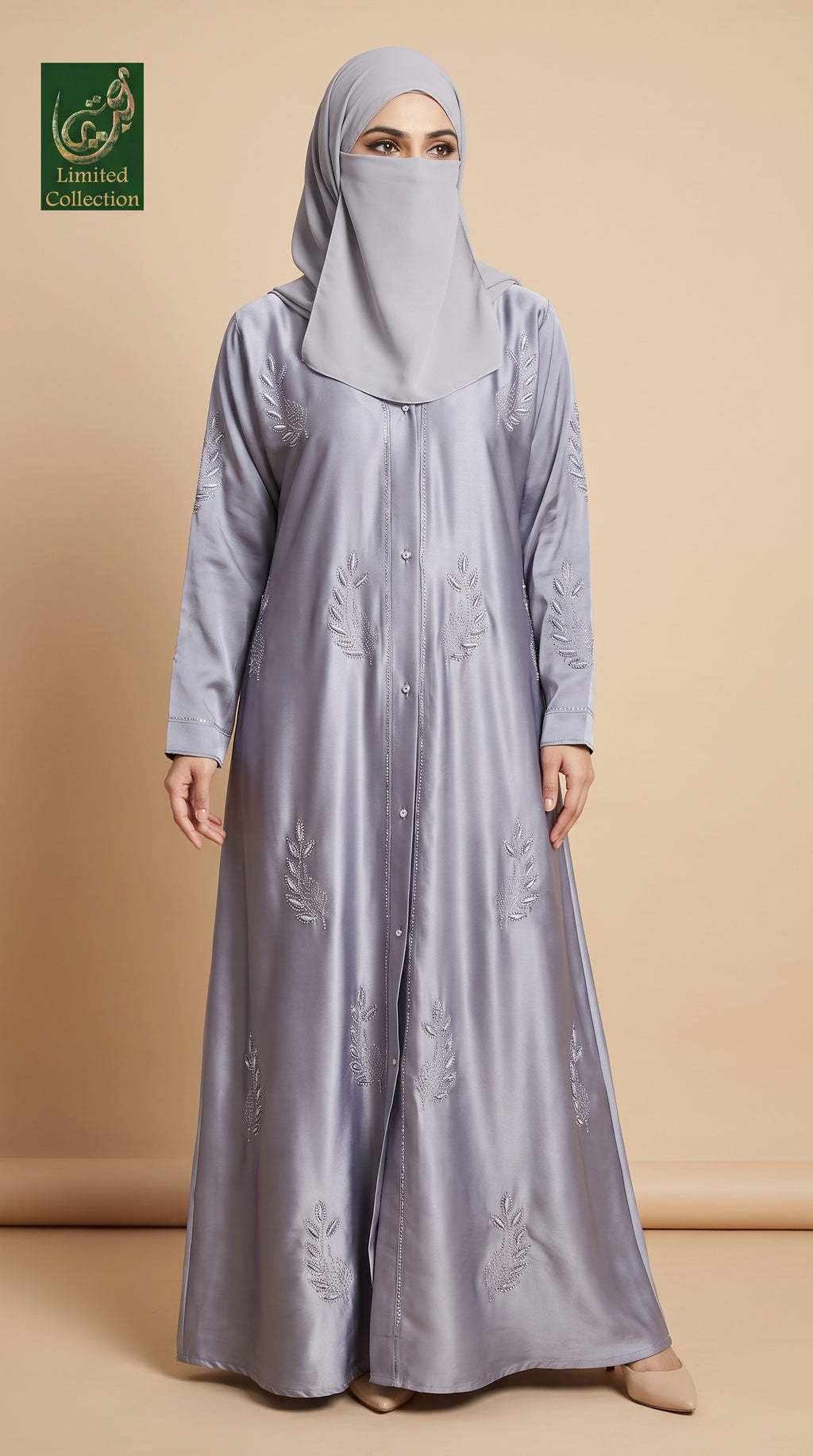 Front-Open Scattered Leaves Stone-Embroidered Abaya | Premium Romantic Nida Stonework Abaya