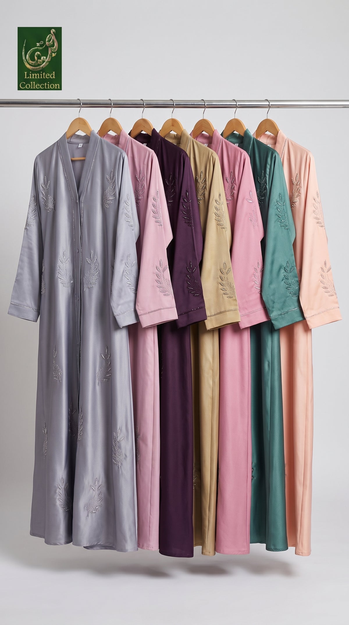 Front-Open Scattered Leaves Stone-Embroidered Abaya | Premium Romantic Nida Stonework Abaya