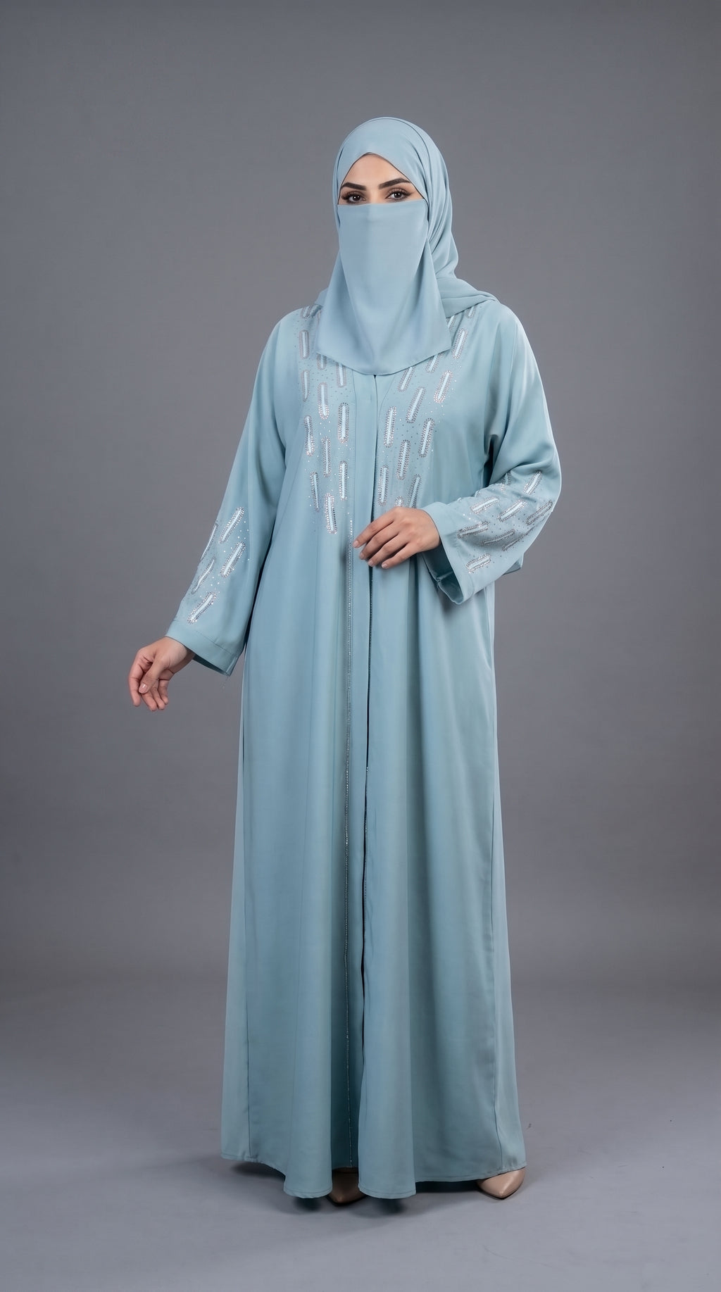 Front-Open Stone-Embroidered Colored Abayas | Premium Romantic Nida Oval Cascade Stonework Abaya