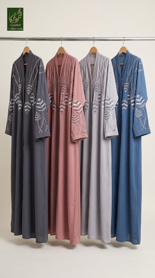 Front Open Leafy Stone Embroidered Abaya | Premium Romantic Nida Stonework Abaya
