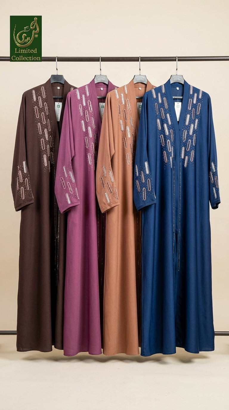 Color variants of a stone =studded embroidered abaya for weddings, gatherings, and events. Available in 5 beautiful colors: purple, mauve, brown, navy, and rust.