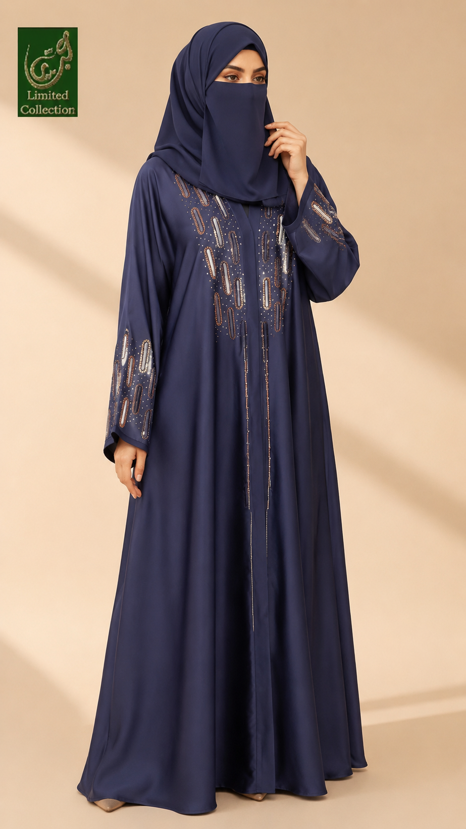 Navy Blue Stone-studded embroidery abaya to make you the star of the show.