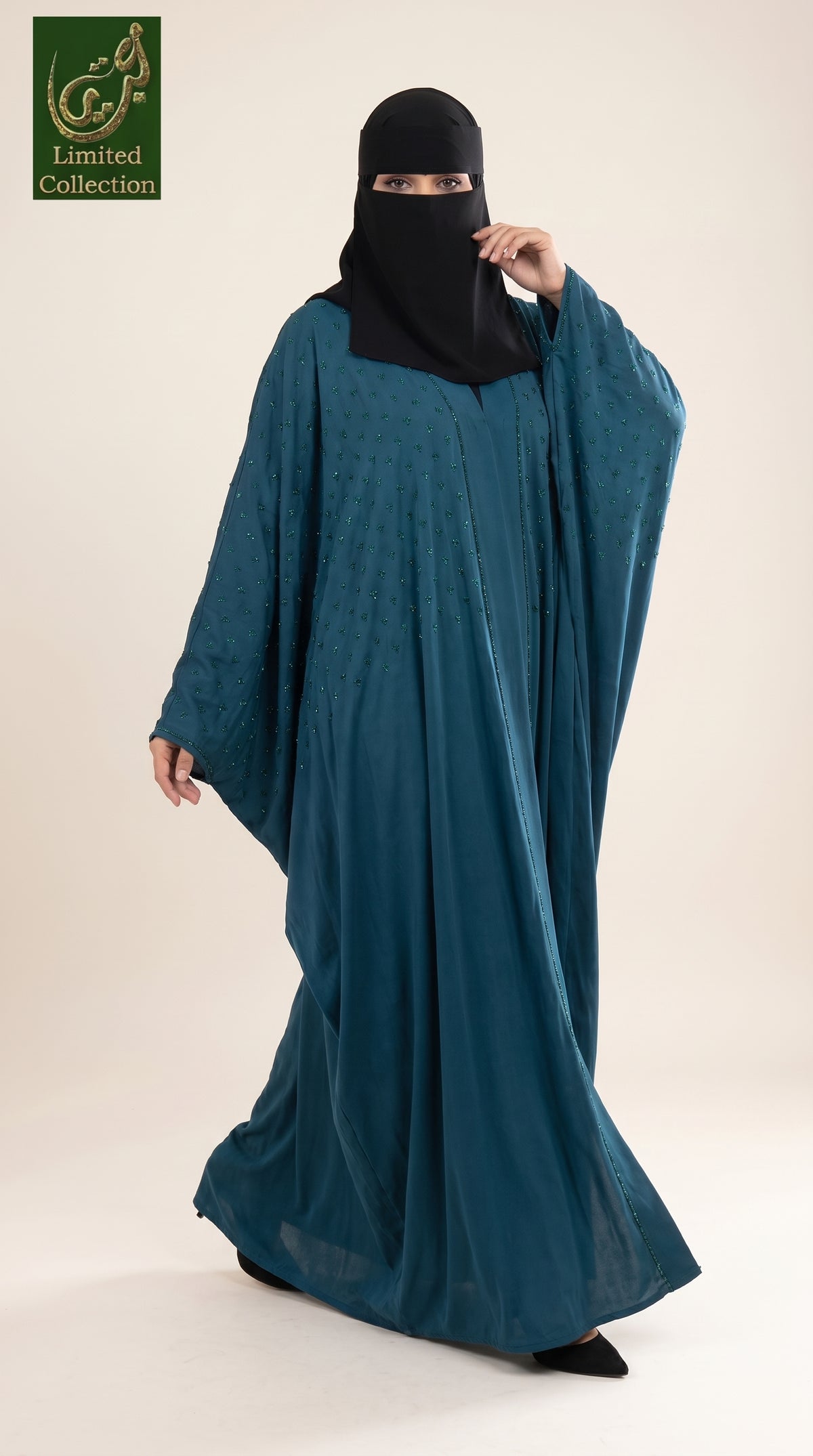 Front-Open Butterfly Abaya with Scattered Cluster Stonework | Premium Nida Colored Stone-Embellished Butterfly Abaya