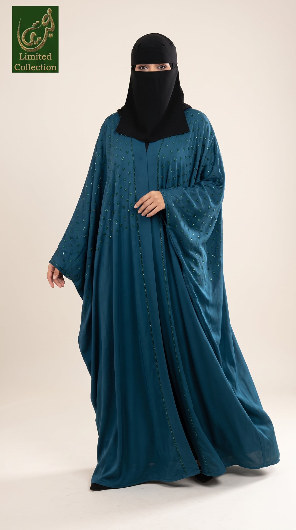 Front-Open Butterfly Abaya with Scattered Cluster Stonework | Premium Nida Colored Stone-Embellished Butterfly Abaya