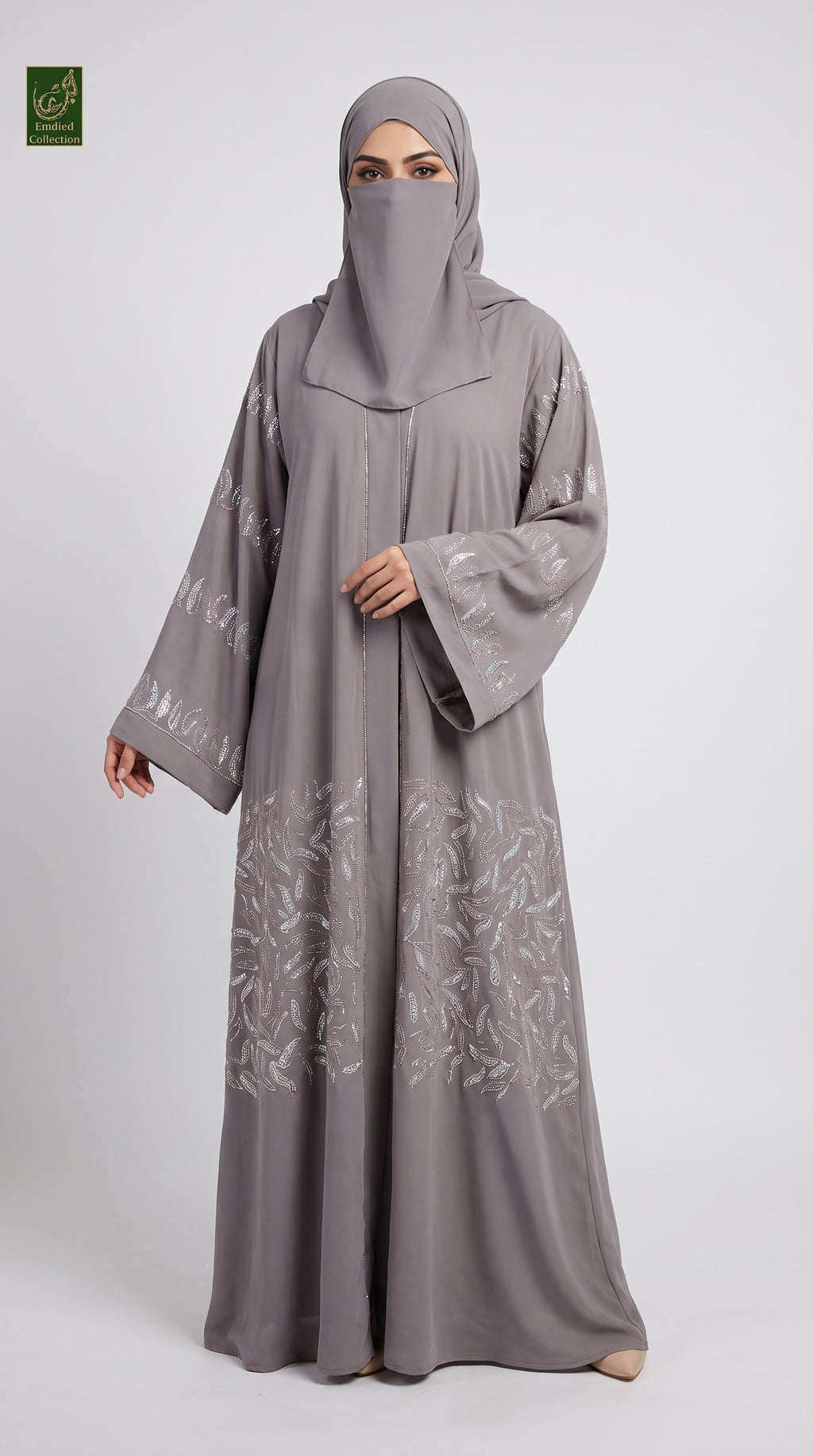 Front-Open Falling Leaves Stone Embellished Abaya With Scarf & Belt | Premium Nida Stonework Colored Abaya