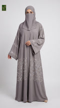 Front-Open Falling Leaves Stone Embellished Abaya With Scarf & Belt | Premium Nida Stonework Colored Abaya