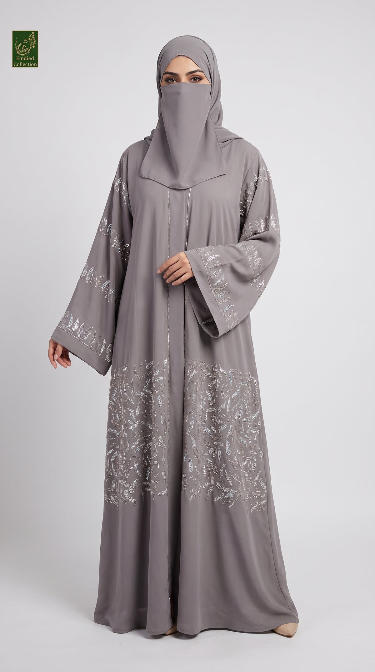 Front-Open Falling Leaves Stone Embellished Abaya With Scarf & Belt | Premium Nida Stonework Colored Abaya