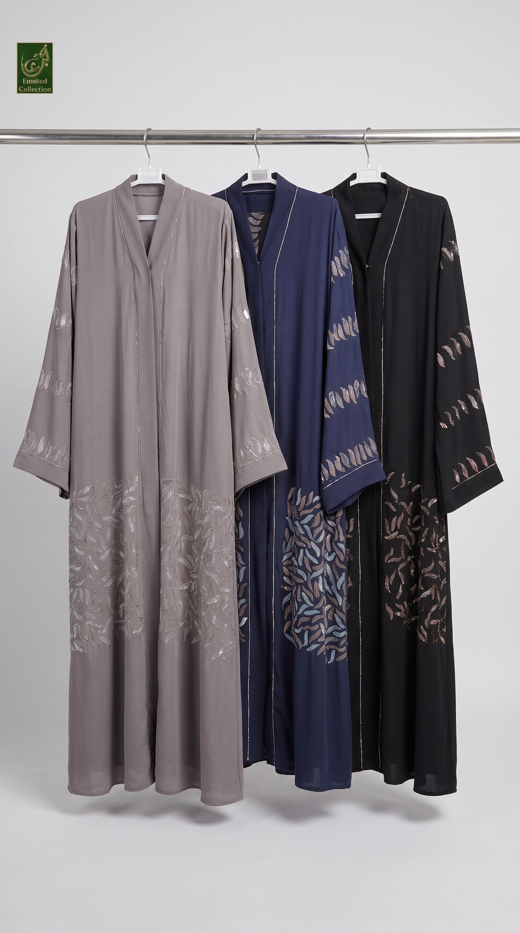 Front-Open Falling Leaves Stone Embellished Abaya With Scarf & Belt | Premium Nida Stonework Colored Abaya