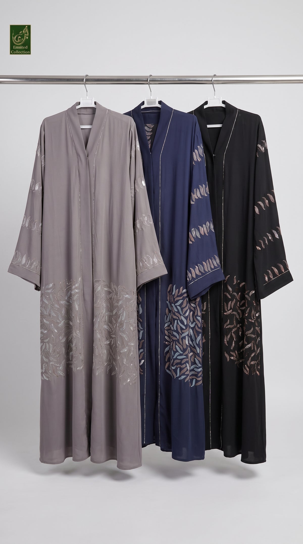 Front-Open Falling Leaves Stone Embellished Abaya With Scarf & Belt | Premium Nida Stonework Colored Abaya