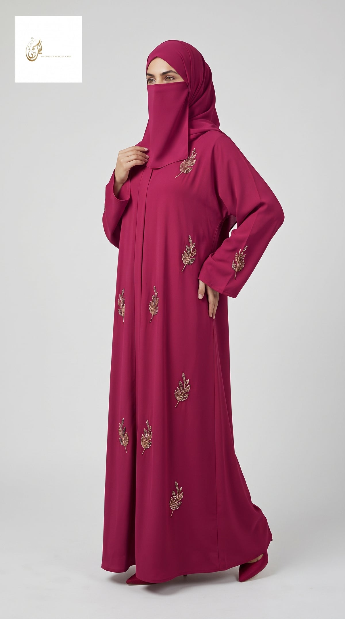 Front-Open Scattered Leaf Stonework Abaya | Premium Romantic Nida Colorful Stone-Studded Abaya