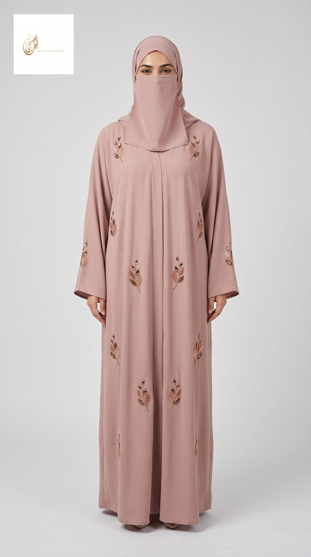 Front-Open Scattered Leaf Stonework Abaya | Premium Romantic Nida Colorful Stone-Studded Abaya