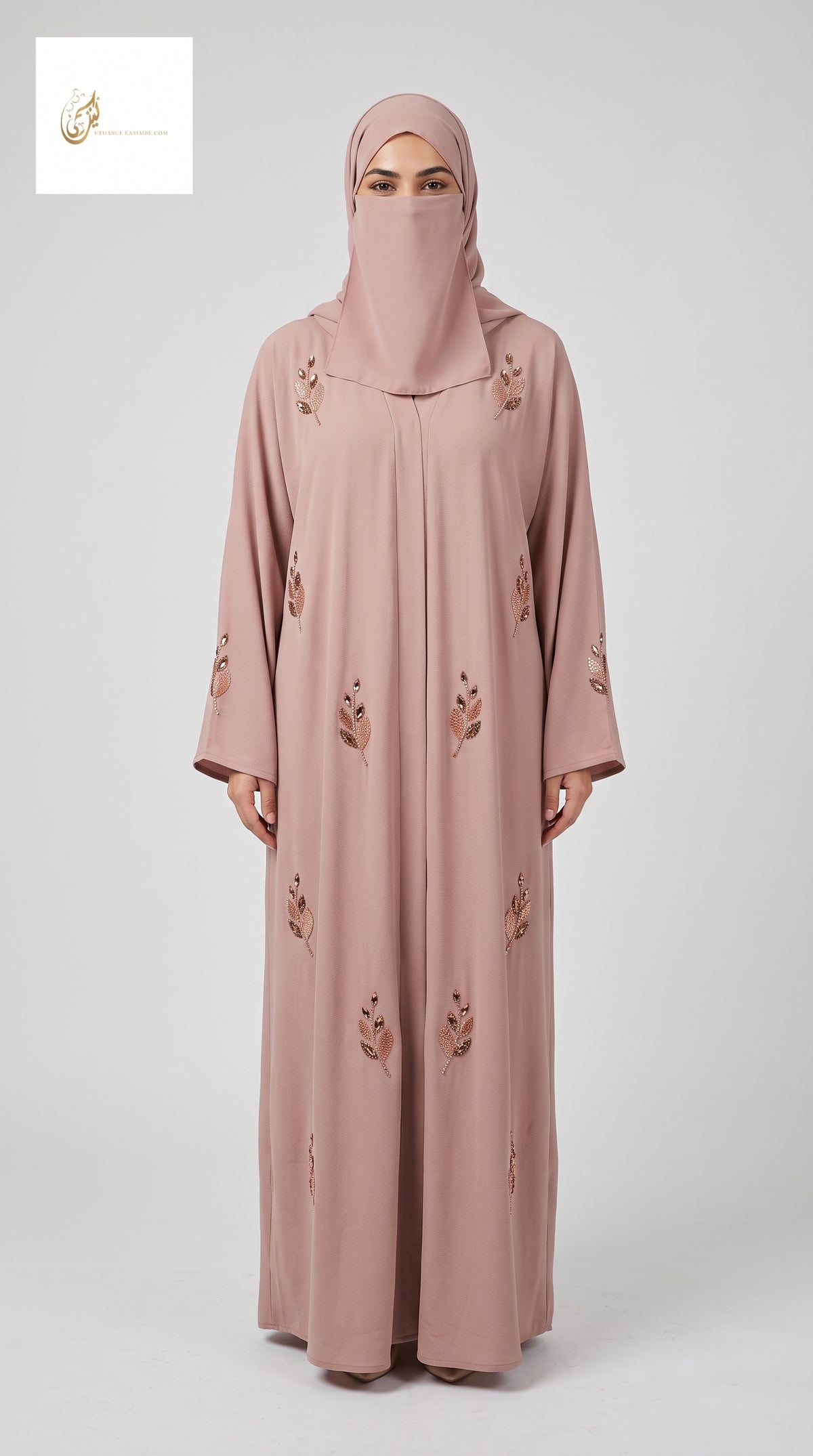 Front-Open Scattered Leaf Stonework Abaya | Premium Romantic Nida Colorful Stone-Studded Abaya