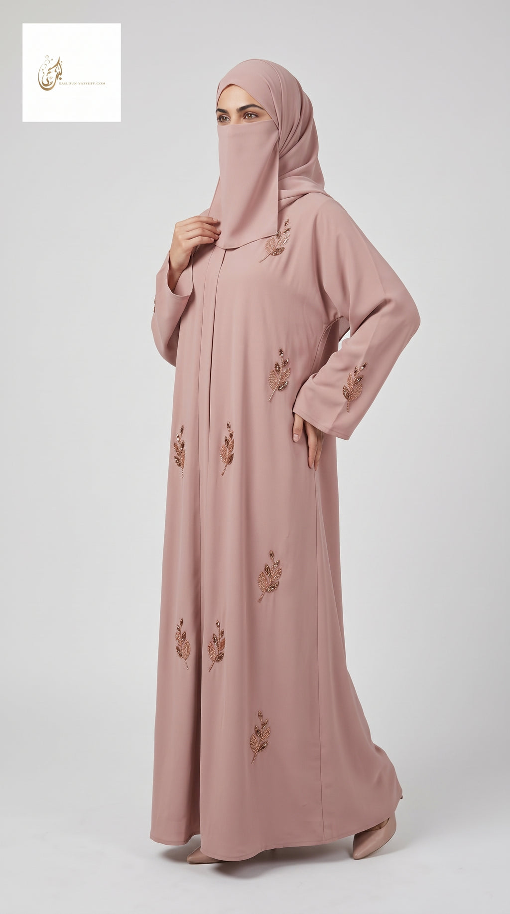 Front-Open Scattered Leaf Stonework Abaya | Premium Romantic Nida Colorful Stone-Studded Abaya