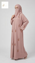 Front-Open Scattered Leaf Stonework Abaya | Premium Romantic Nida Colorful Stone-Studded Abaya