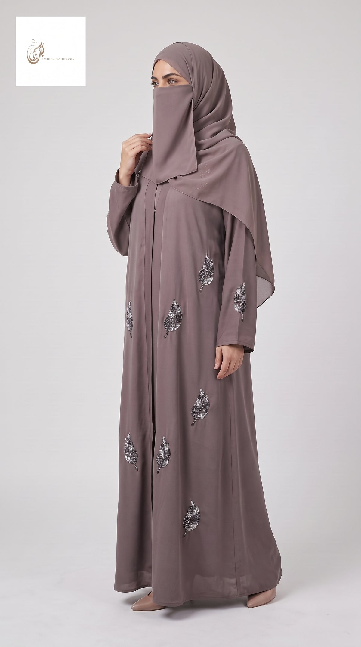 Front-Open Scattered Leaf Stonework Abaya | Premium Romantic Nida Colorful Stone-Studded Abaya
