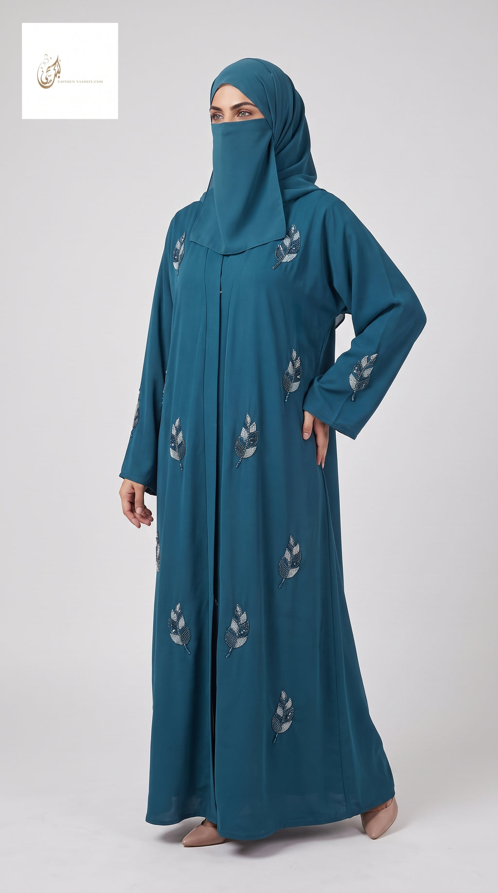 Front-Open Scattered Leaf Stonework Abaya | Premium Romantic Nida Colorful Stone-Studded Abaya