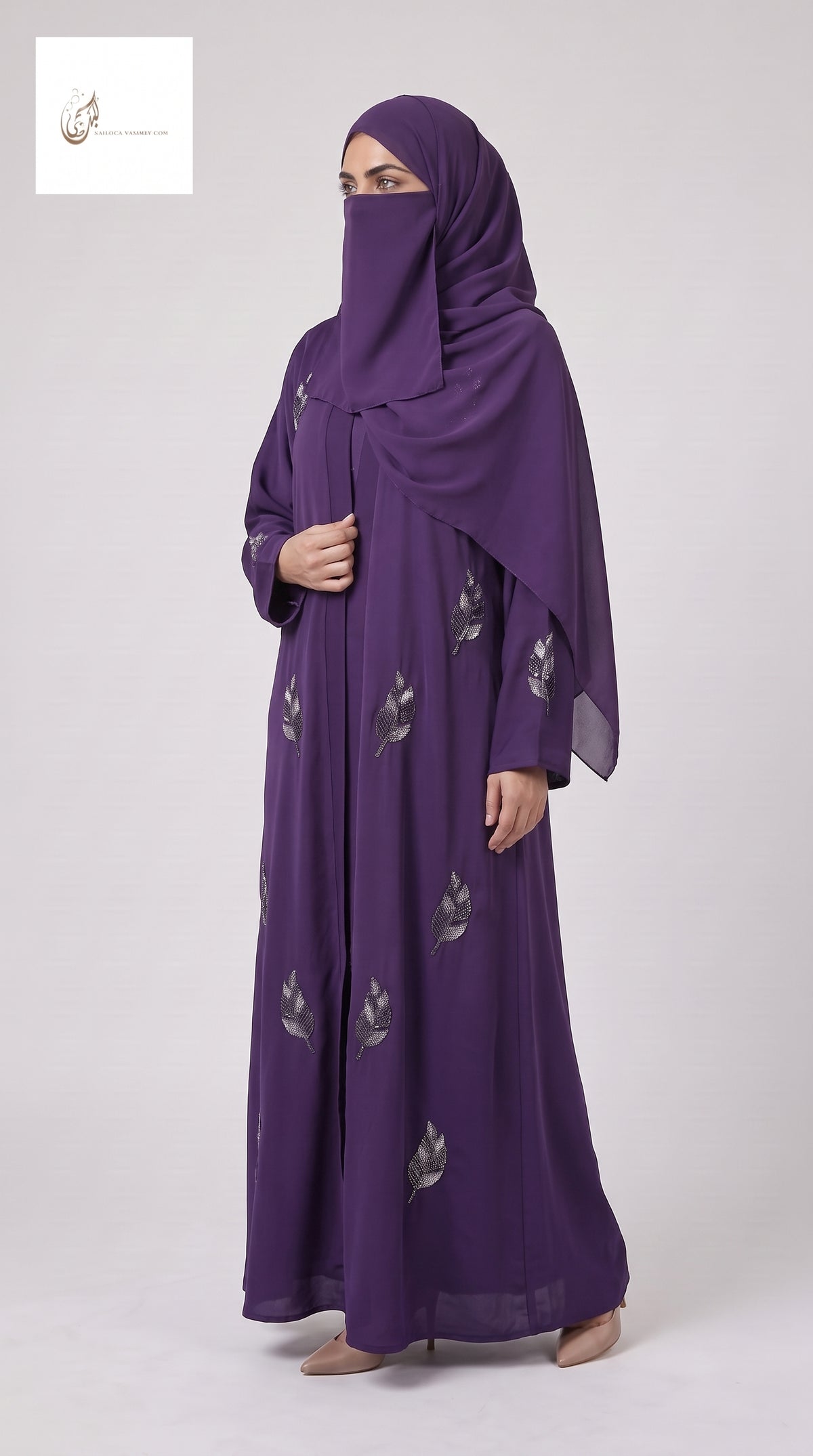 Front-Open Scattered Leaf Stonework Abaya | Premium Romantic Nida Colorful Stone-Studded Abaya