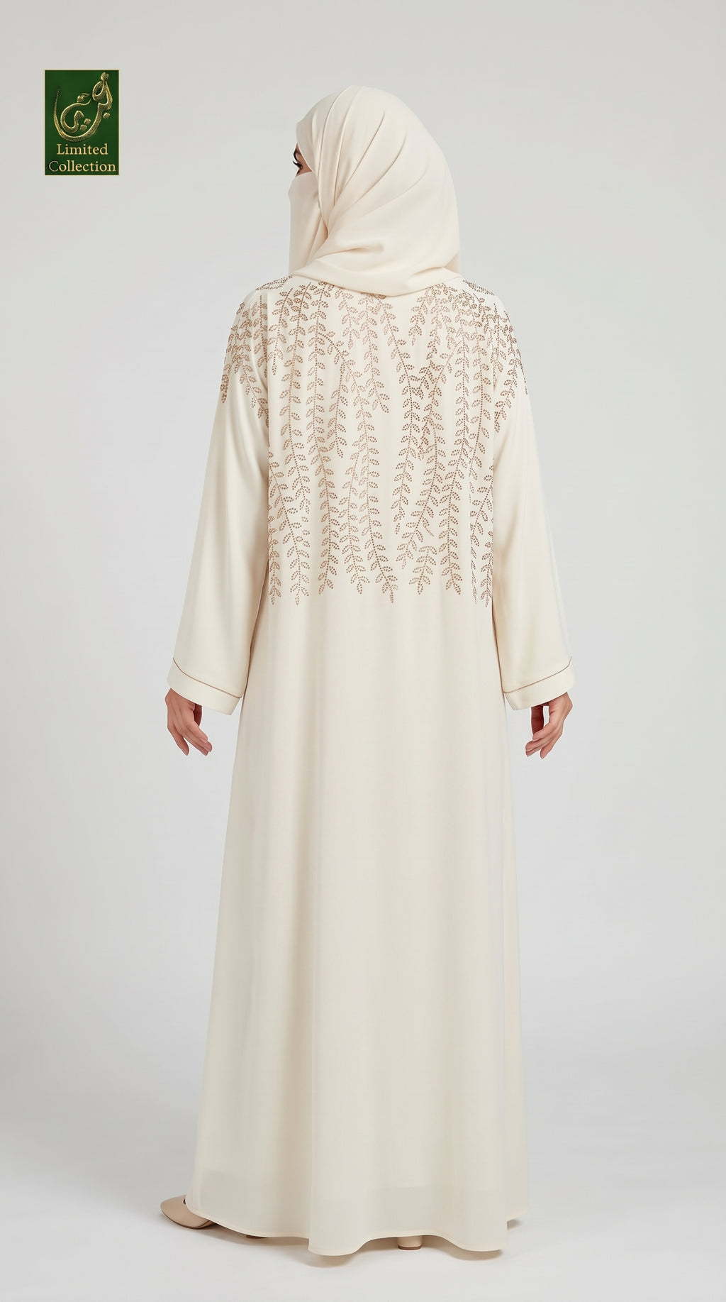 Front-Open Cascading Vine Stonework White Abaya with Scarf| Premium Nida Stone-Studded White Abaya