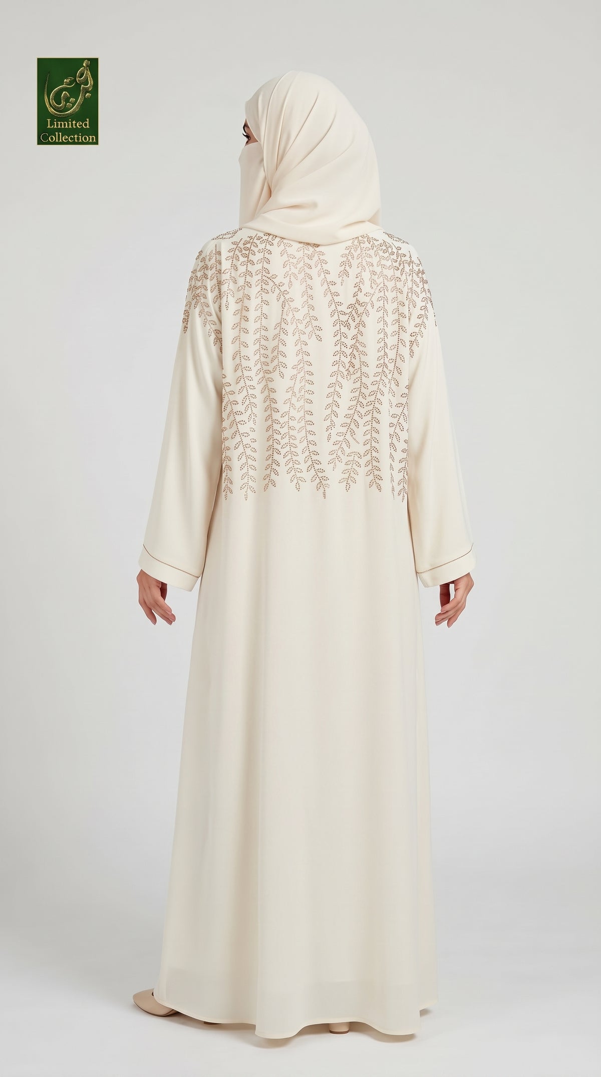 Front-Open Cascading Vine Stonework White Abaya with Scarf| Premium Nida Stone-Studded White Abaya
