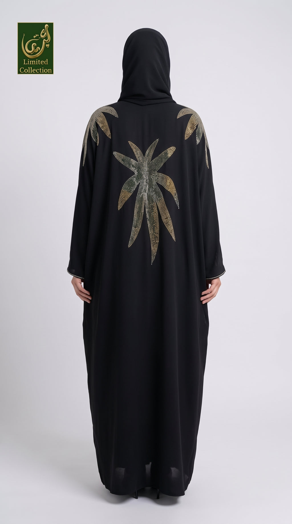 Front-Open Starburst Palm Stonework Butterfly Black Abaya with Scarf | Premium Nida Black Stone Embellished Butterfly Abaya