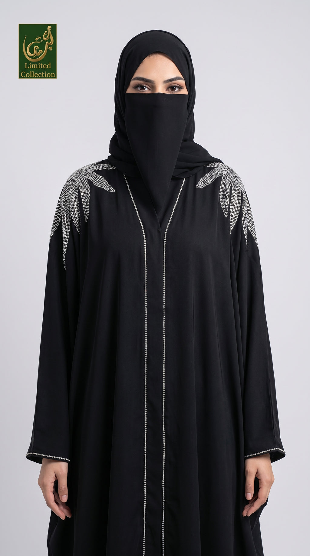 Front-Open Starburst Palm Stonework Butterfly Black Abaya with Scarf | Premium Nida Black Stone Embellished Butterfly Abaya