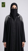 Front-Open Starburst Palm Stonework Butterfly Black Abaya with Scarf | Premium Nida Black Stone Embellished Butterfly Abaya