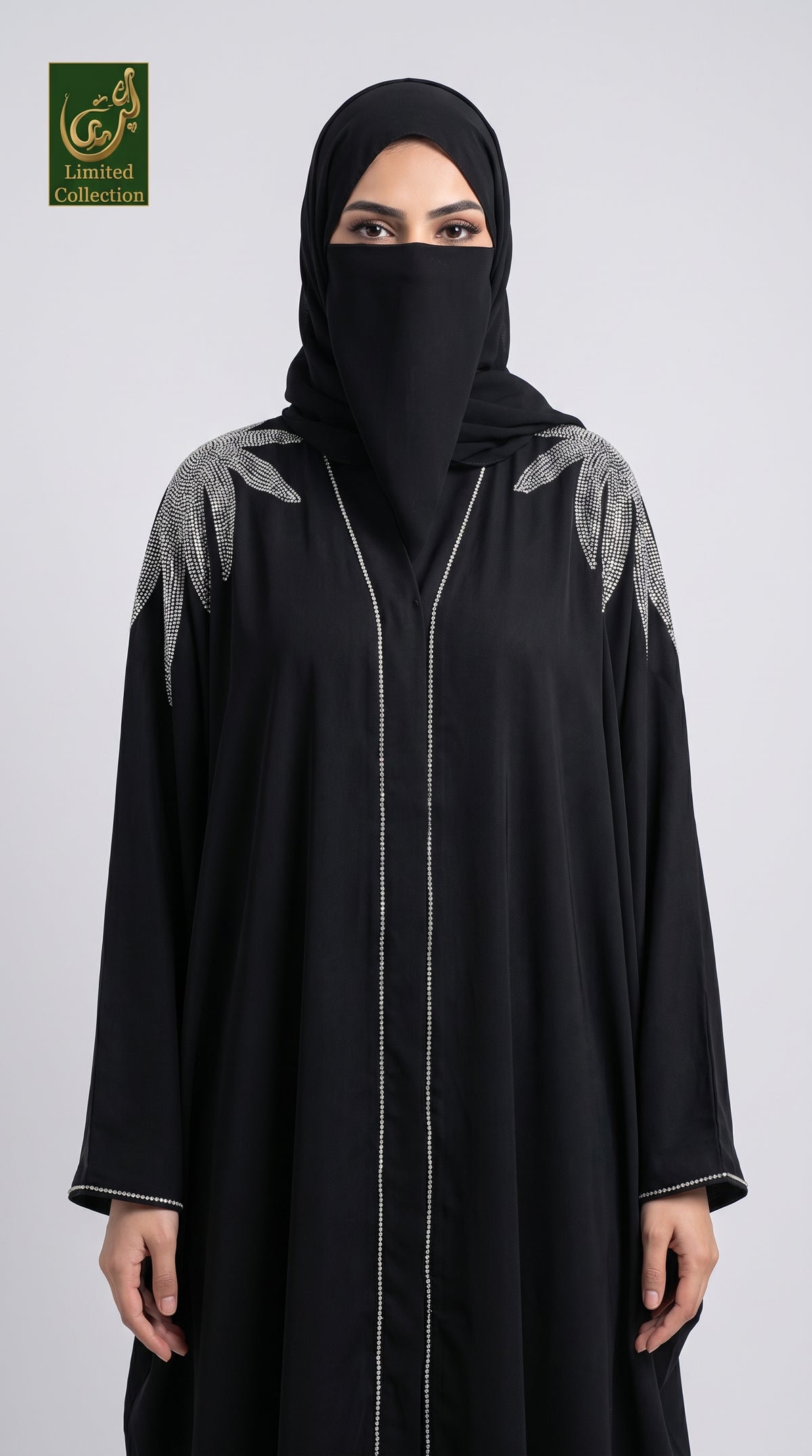Front-Open Starburst Palm Stonework Butterfly Black Abaya with Scarf | Premium Nida Black Stone Embellished Butterfly Abaya