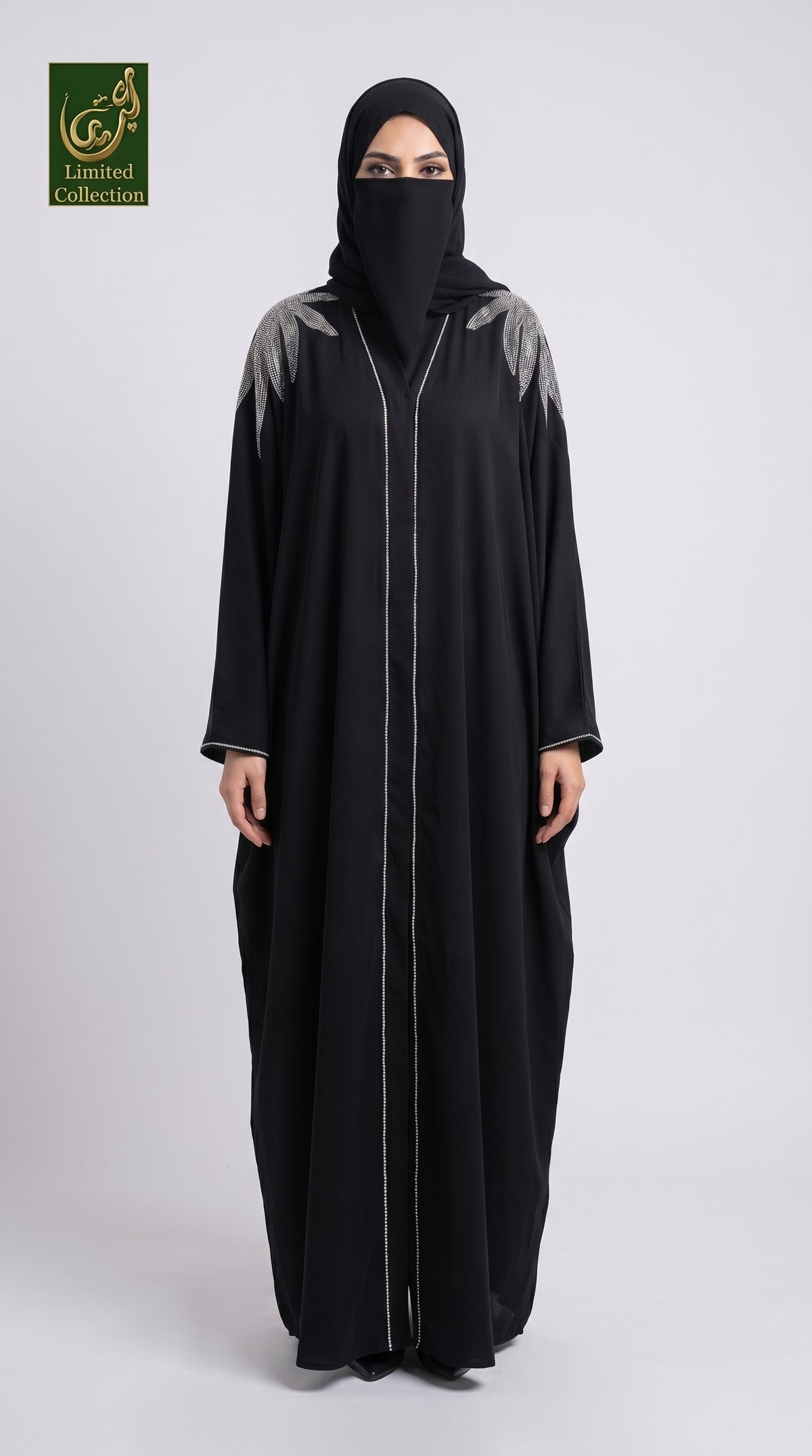 Front-Open Starburst Palm Stonework Butterfly Black Abaya with Scarf | Premium Nida Black Stone Embellished Butterfly Abaya