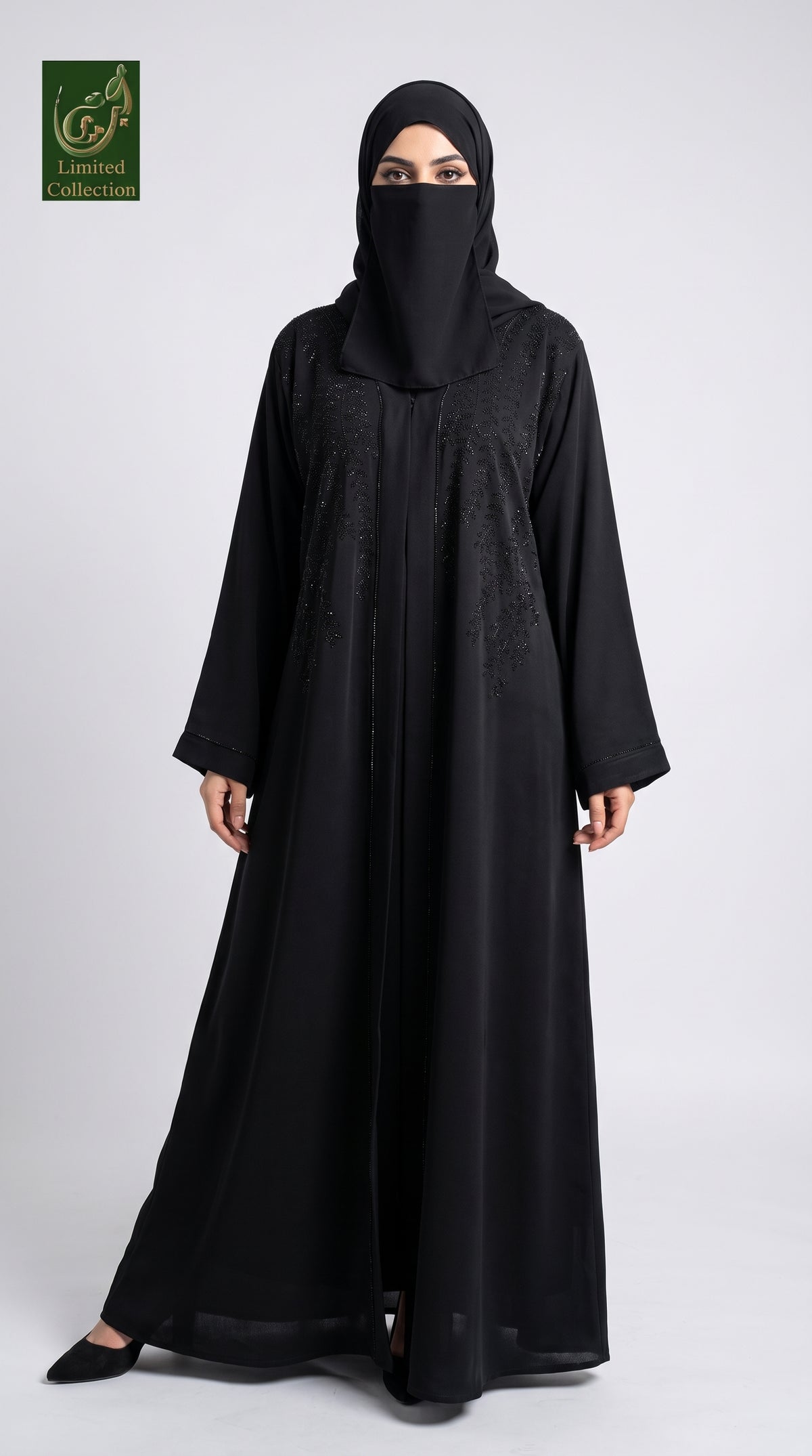 Front-Open Cascading Fern Stonework Black Abaya | Premium Nida Black Stone-Studded Abaya