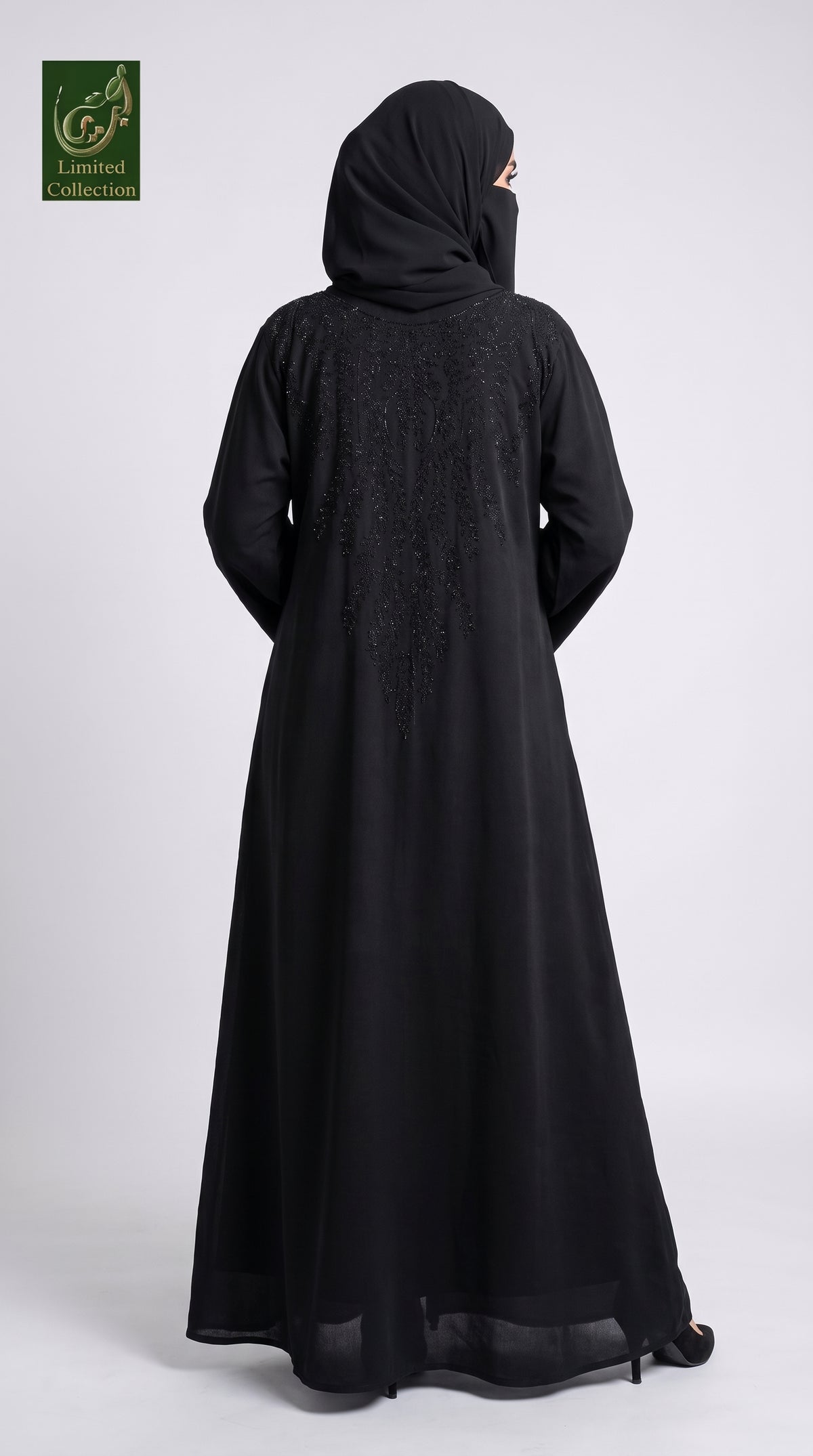 Front-Open Cascading Fern Stonework Black Abaya | Premium Nida Black Stone-Studded Abaya
