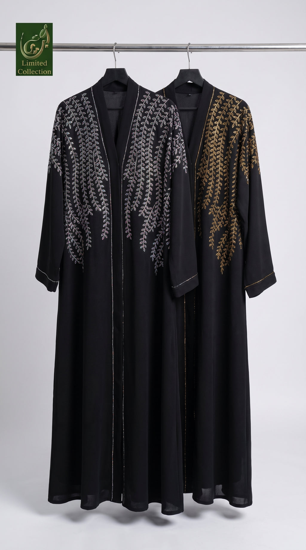 Front-Open Cascading Fern Stonework Black Abaya | Premium Nida Black Stone-Studded Abaya